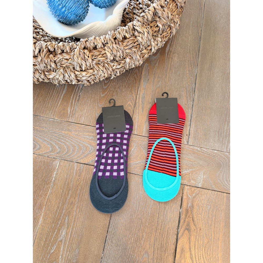 Jared Lang No Show Socks Mens Multicolor Gingham Striped 2 Pair‎ Pack OS